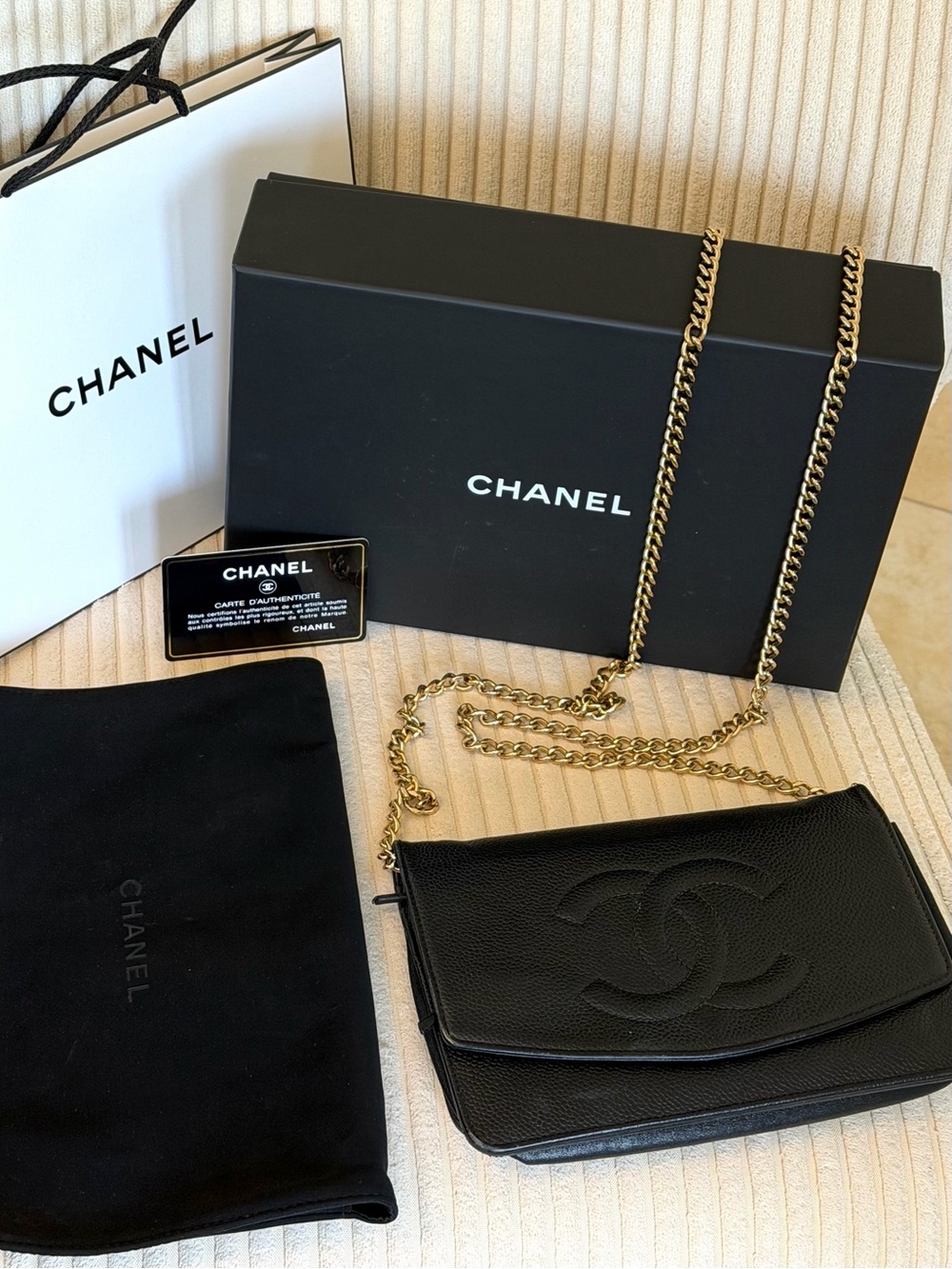 Vintage Chanel Black Caviar Leather Wallet on Chain Gold Chain Dust Bag Box COA